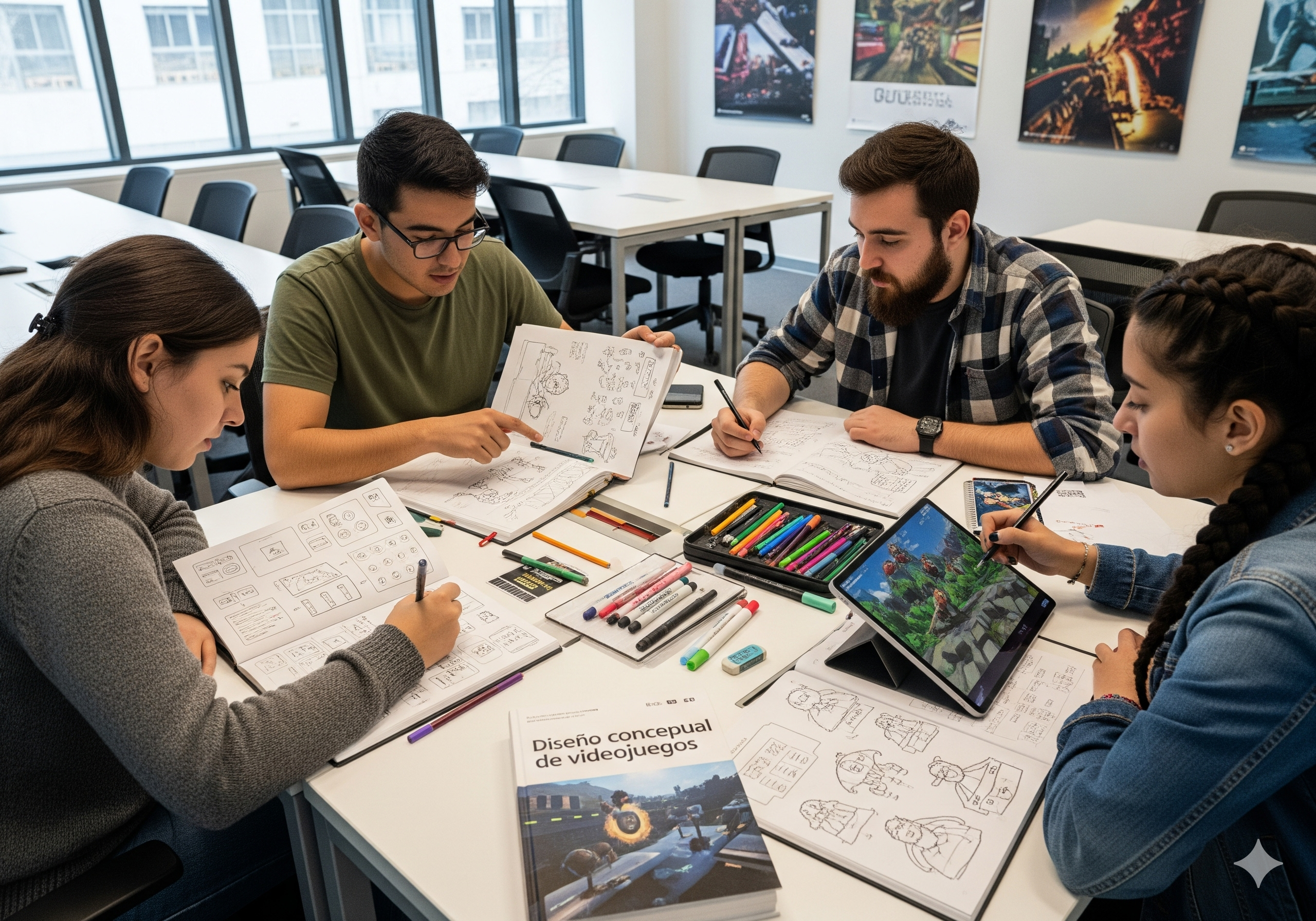 Cuatro estudiantes trabajan en grupo diseñando un videojuego